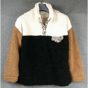 Thread & Supply Women's Sherpa Fleece Pullover Snap Pocket Leopard Trim Size S